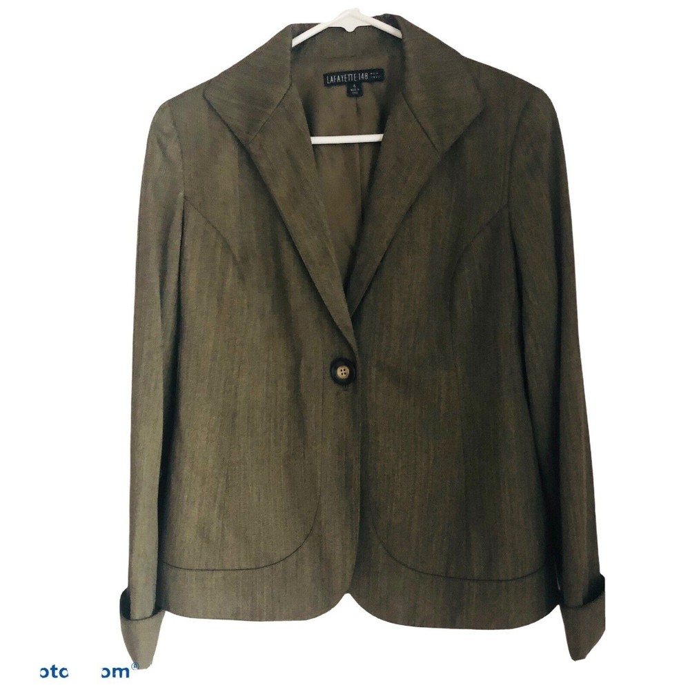 Lafayette 148 Wool Blend Blazer Jacket One Button Olive Green